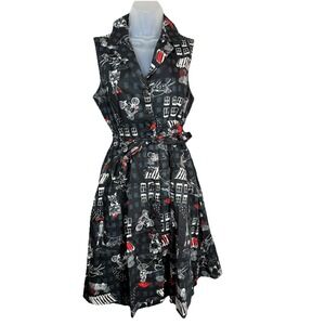 ModCloth Community Brunch Dress Womens M Black Novelty Print Button Front Tie